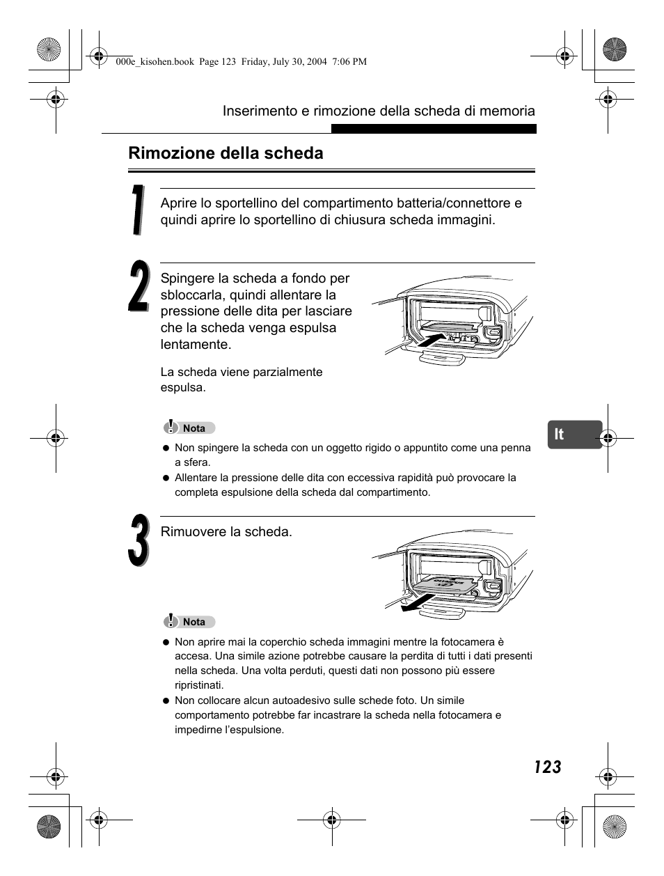 Rimozione della scheda | Olympus Stylus Verve User Manual | Page 123 / 163