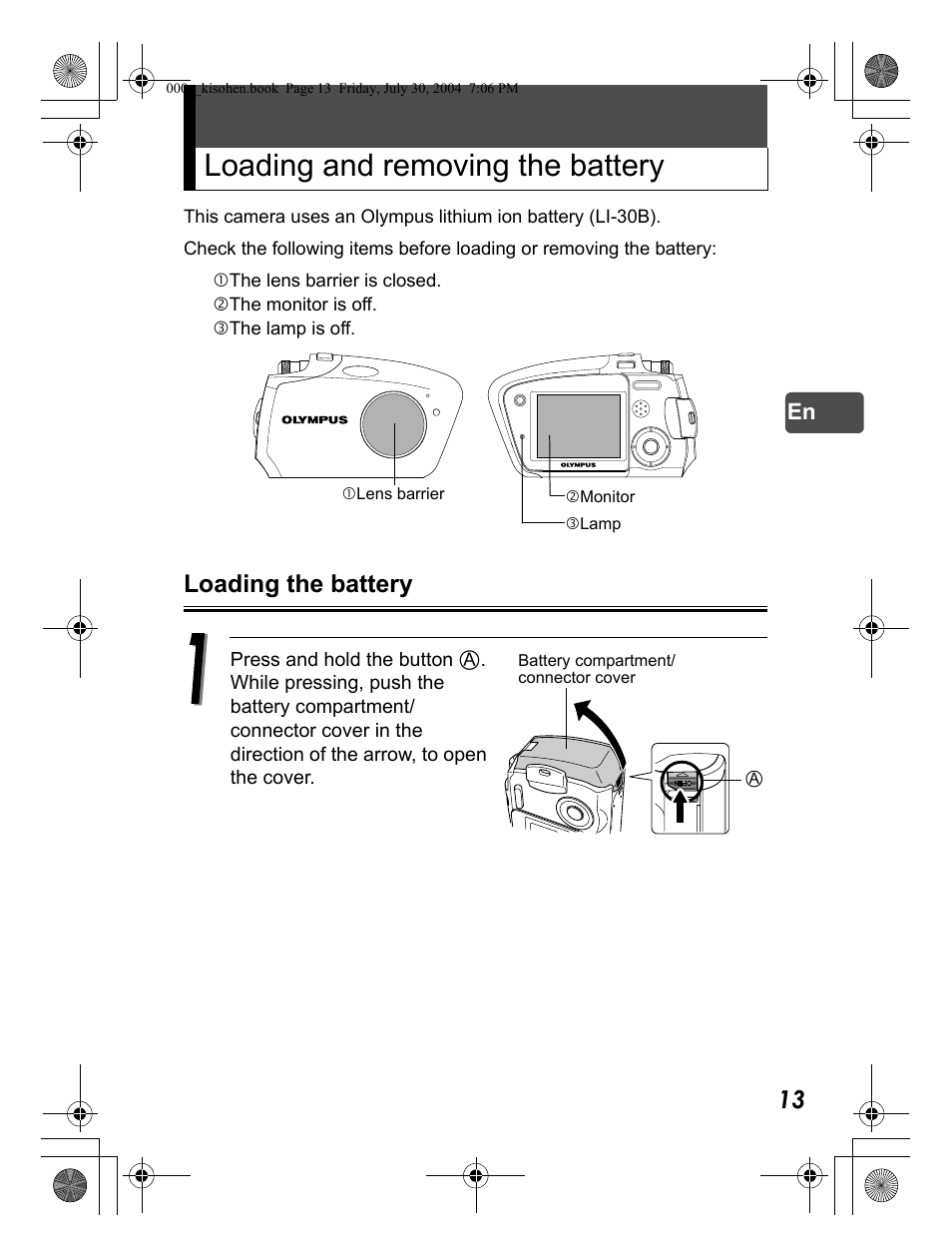 Loading and removing the battery, Loading the battery | Olympus Stylus Verve User Manual | Page 13 / 163