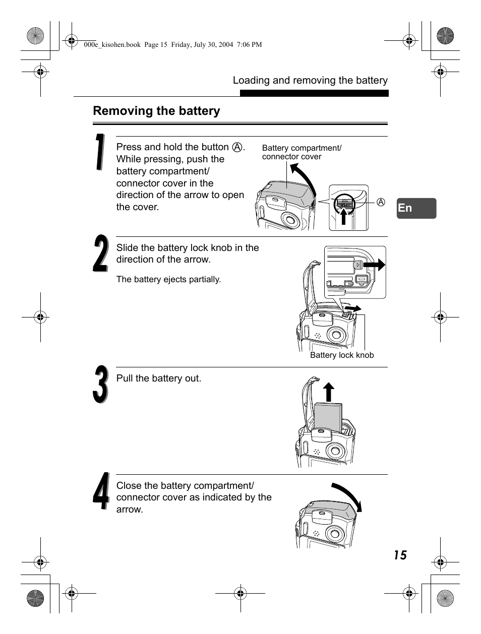 Removing the battery | Olympus Stylus Verve User Manual | Page 15 / 163
