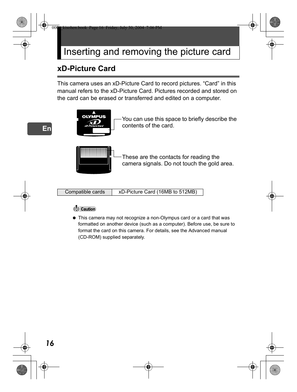 Inserting and removing the picture card, Xd-picture card | Olympus Stylus Verve User Manual | Page 16 / 163