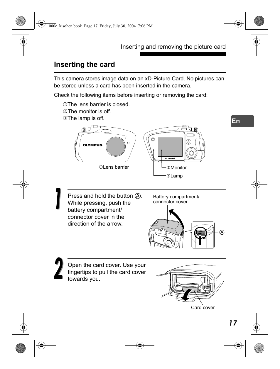 Inserting the card | Olympus Stylus Verve User Manual | Page 17 / 163