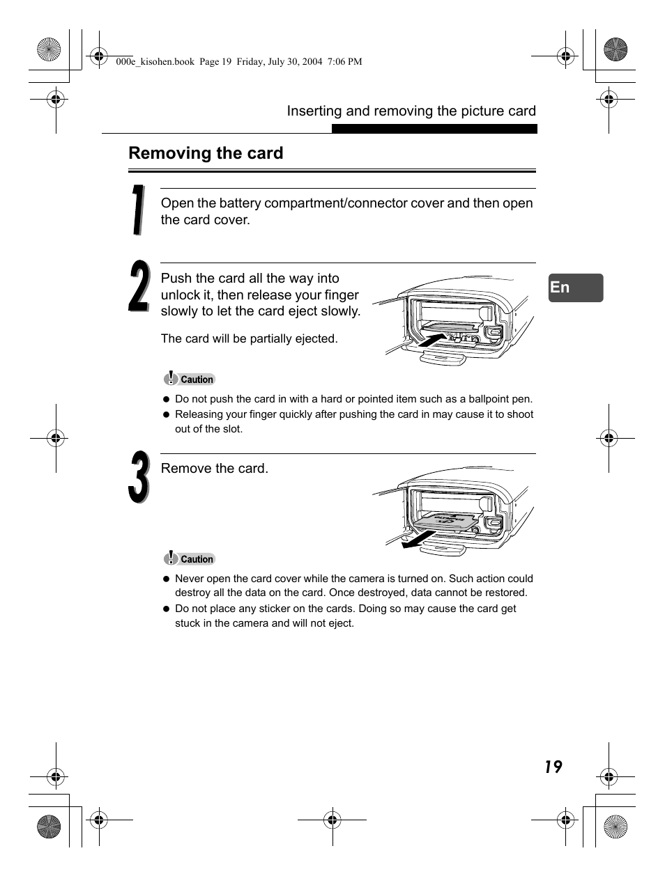 Removing the card | Olympus Stylus Verve User Manual | Page 19 / 163