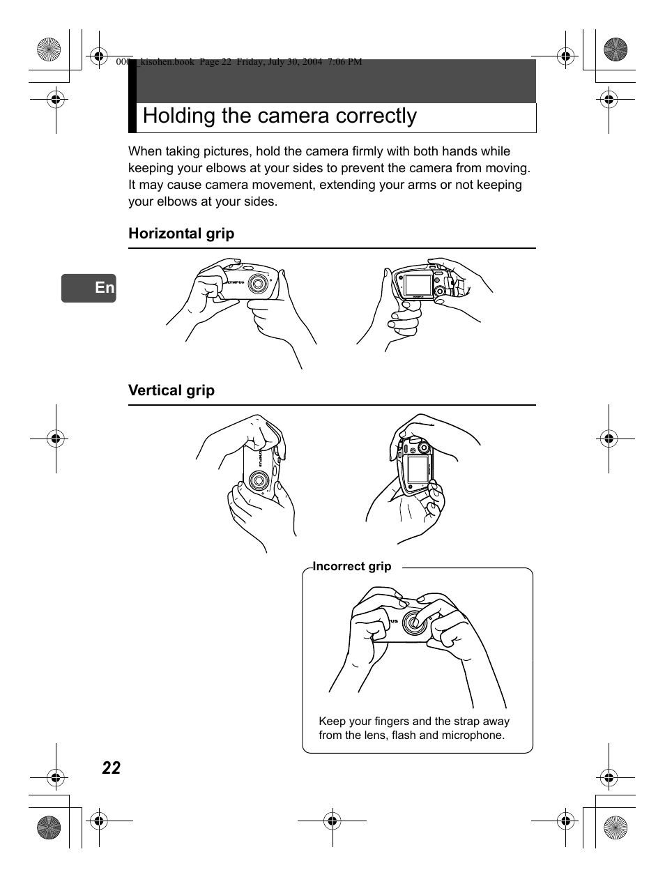 Holding the camera correctly | Olympus Stylus Verve User Manual | Page 22 / 163