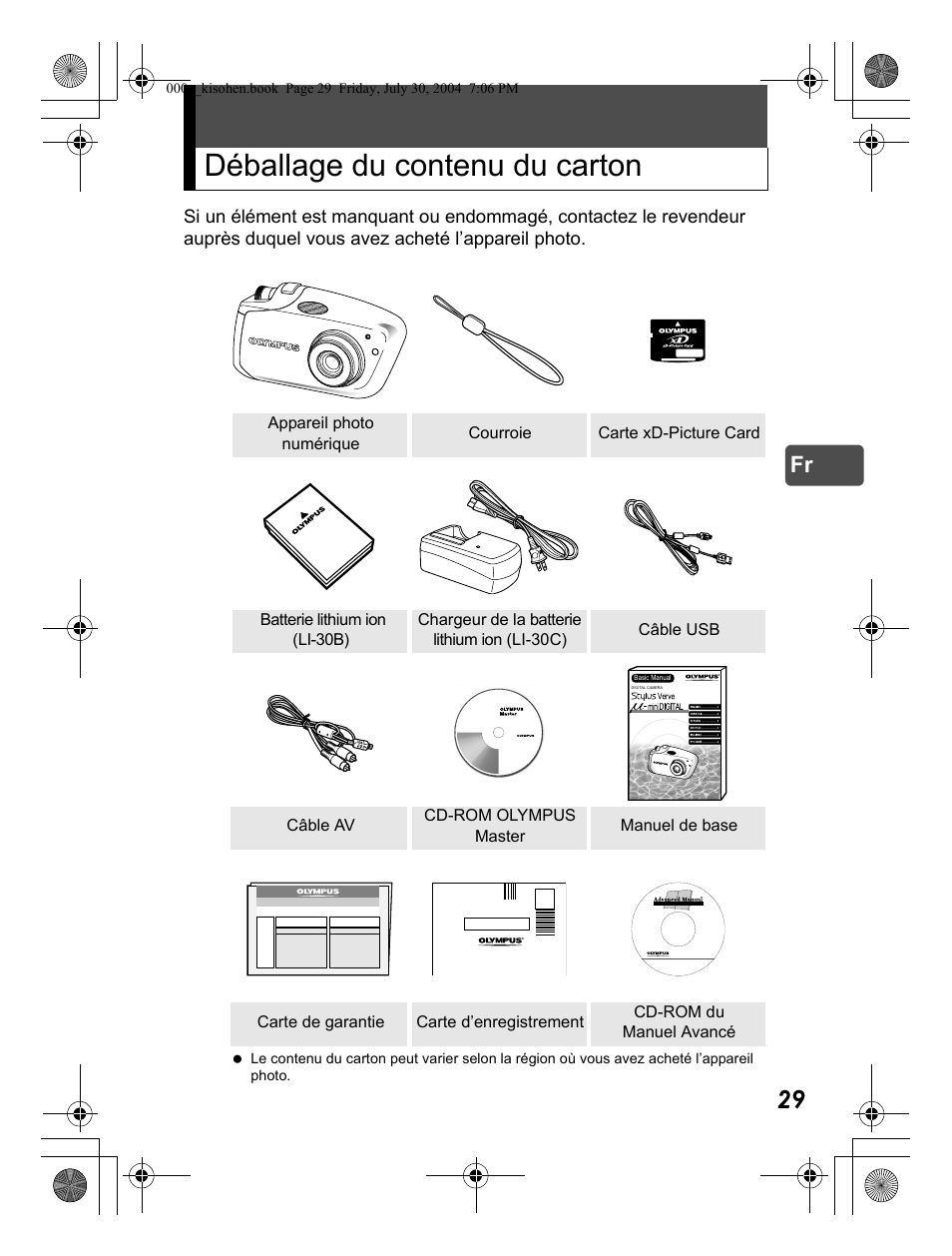 Déballage du contenu du carton | Olympus Stylus Verve User Manual | Page 29 / 163