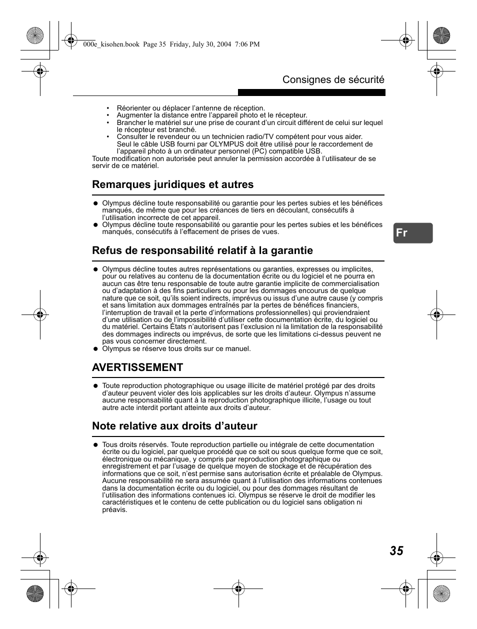 Remarques juridiques et autres, Refus de responsabilité relatif à la garantie, Avertissement | Consignes de sécurité | Olympus Stylus Verve User Manual | Page 35 / 163
