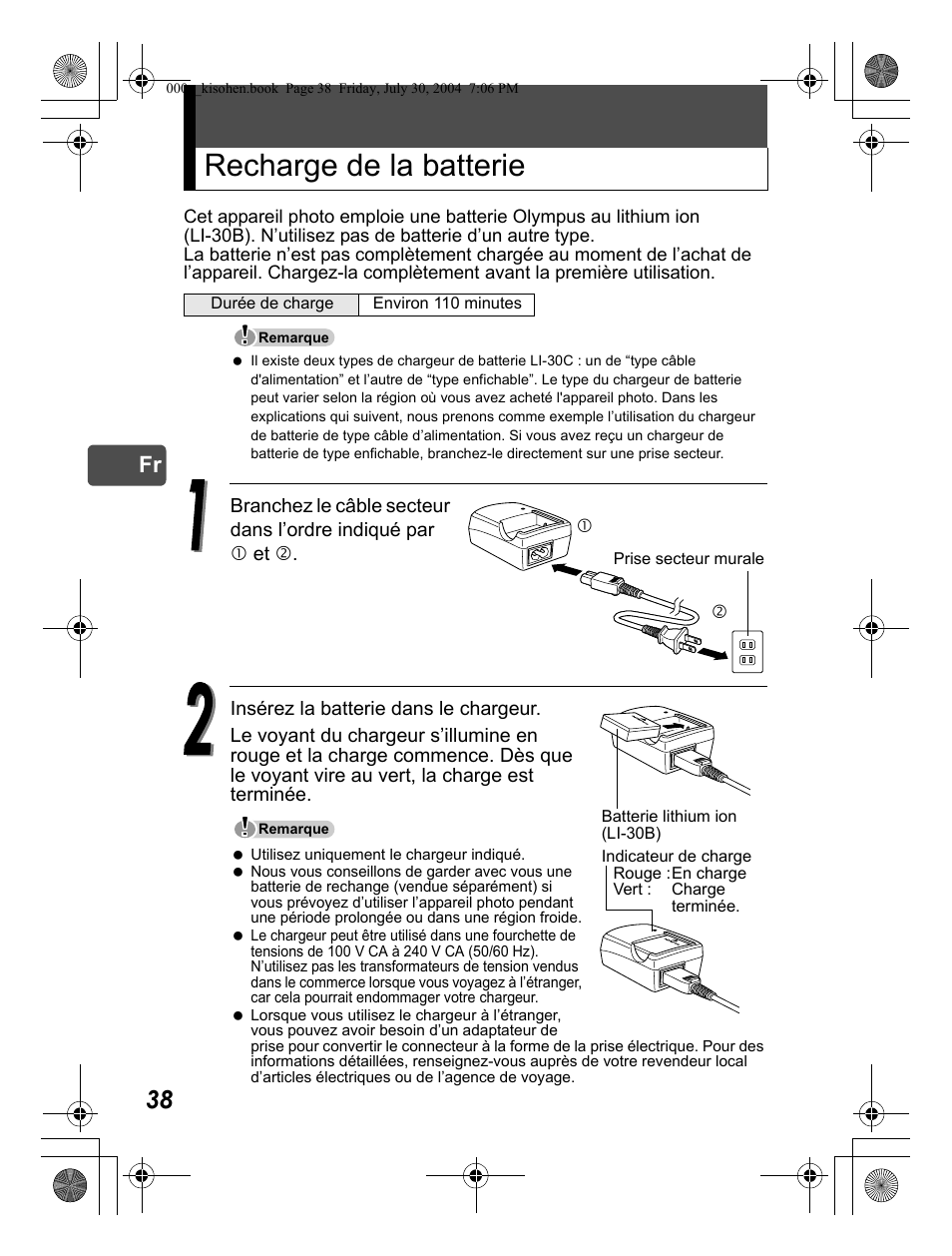 Recharge de la batterie | Olympus Stylus Verve User Manual | Page 38 / 163