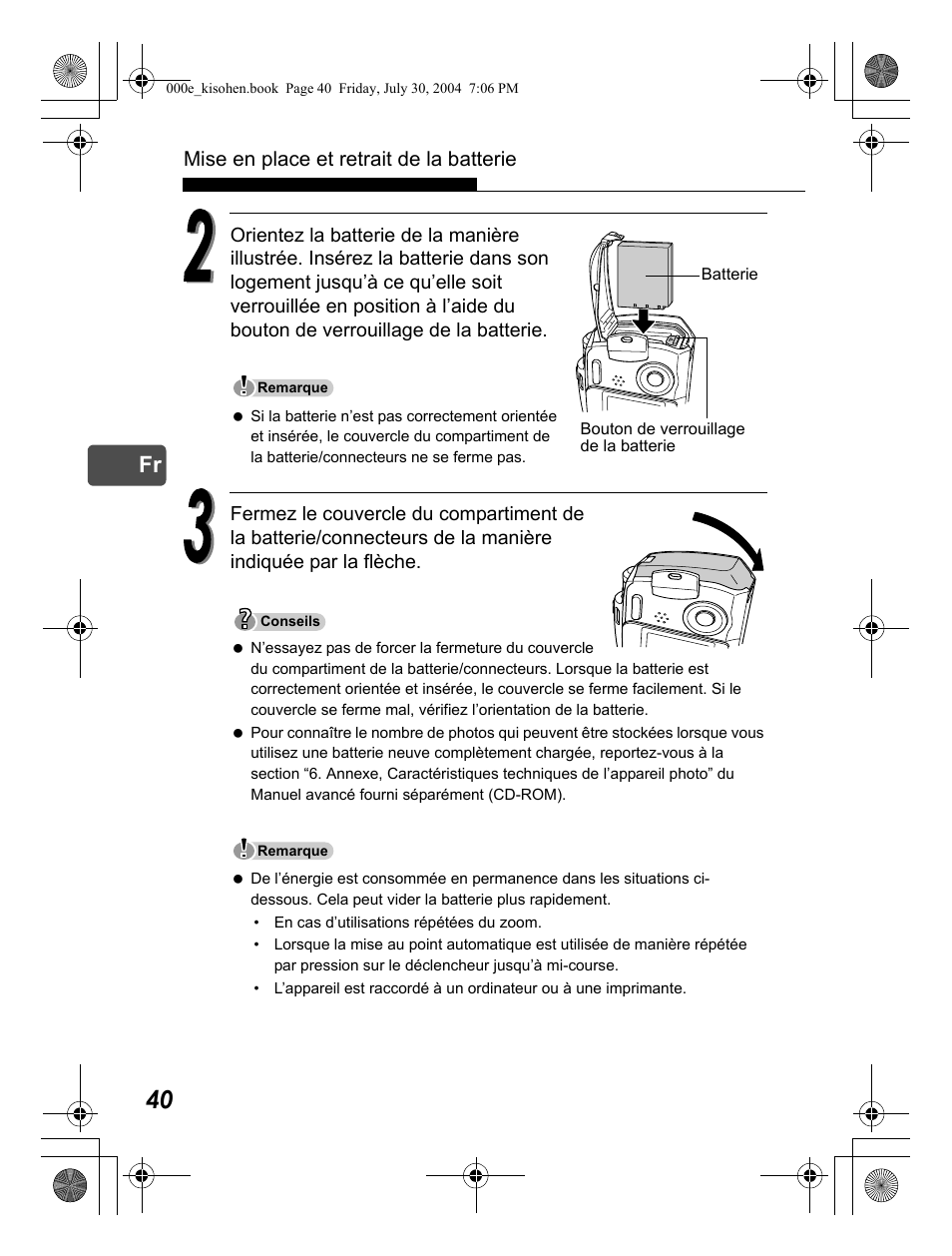 Mise en place et retrait de la batterie | Olympus Stylus Verve User Manual | Page 40 / 163