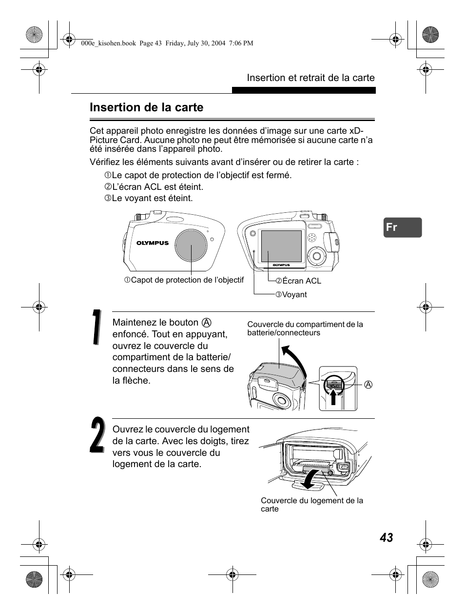 Insertion de la carte | Olympus Stylus Verve User Manual | Page 43 / 163