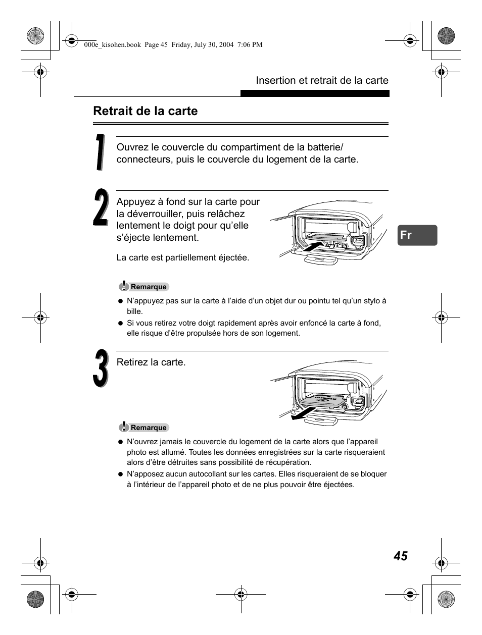 Retrait de la carte | Olympus Stylus Verve User Manual | Page 45 / 163