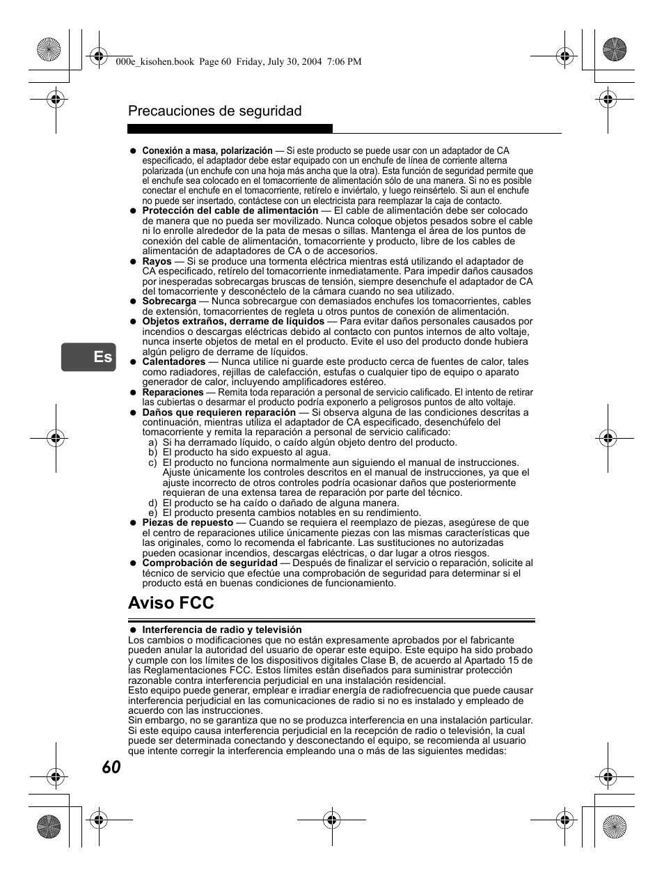 Aviso fcc, Precauciones de seguridad | Olympus Stylus Verve User Manual | Page 60 / 163