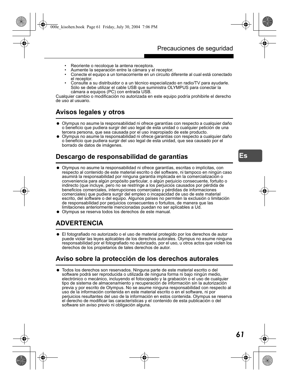Avisos legales y otros, Descargo de responsabilidad de garantías, Advertencia | Precauciones de seguridad | Olympus Stylus Verve User Manual | Page 61 / 163