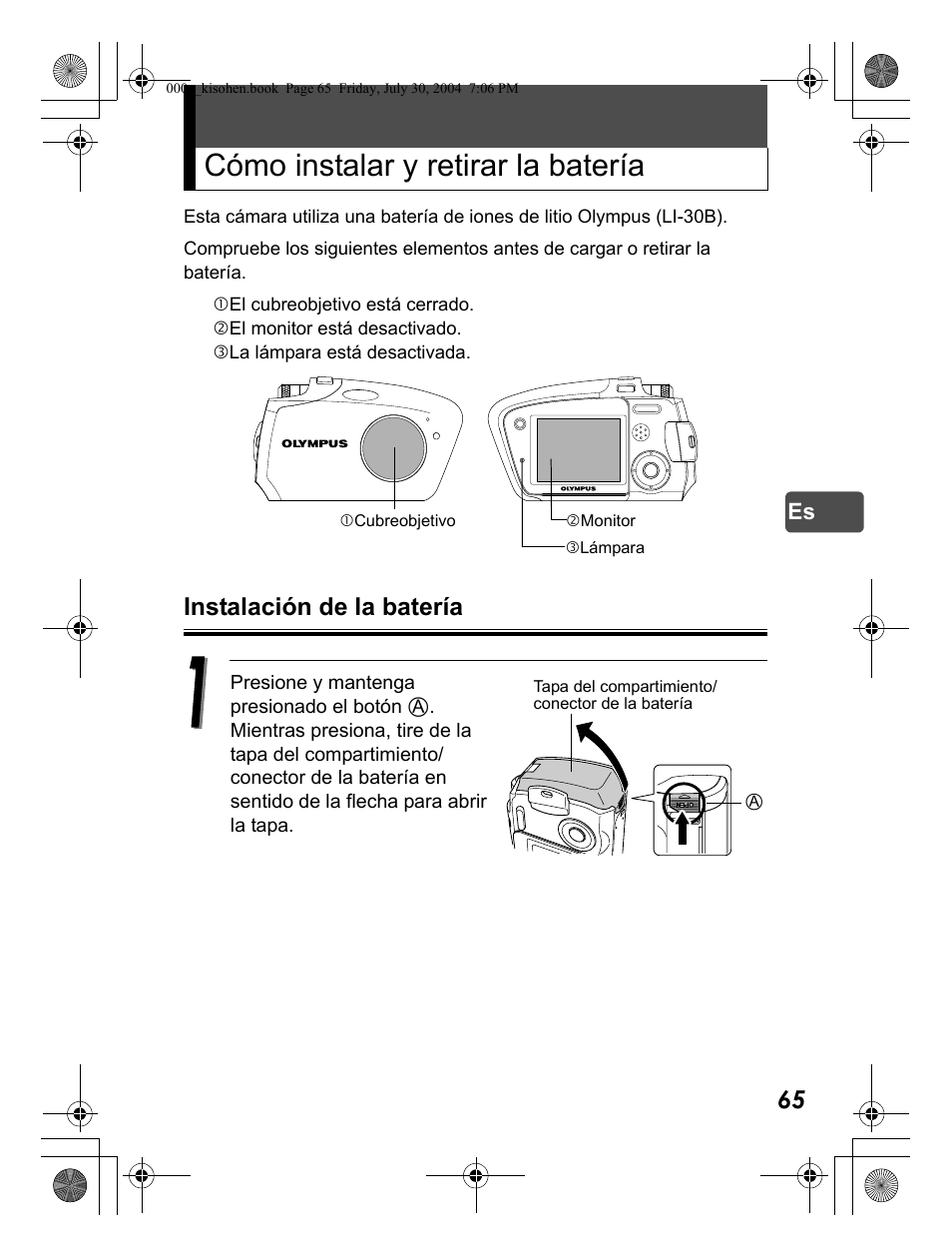 Cómo instalar y retirar la batería, Instalación de la batería | Olympus Stylus Verve User Manual | Page 65 / 163