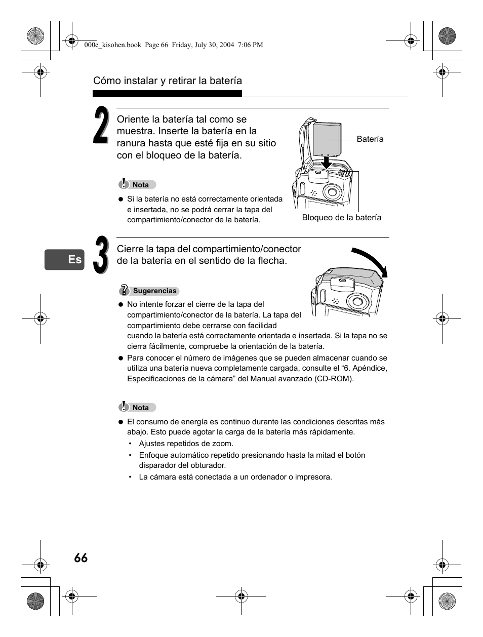 Cómo instalar y retirar la batería | Olympus Stylus Verve User Manual | Page 66 / 163
