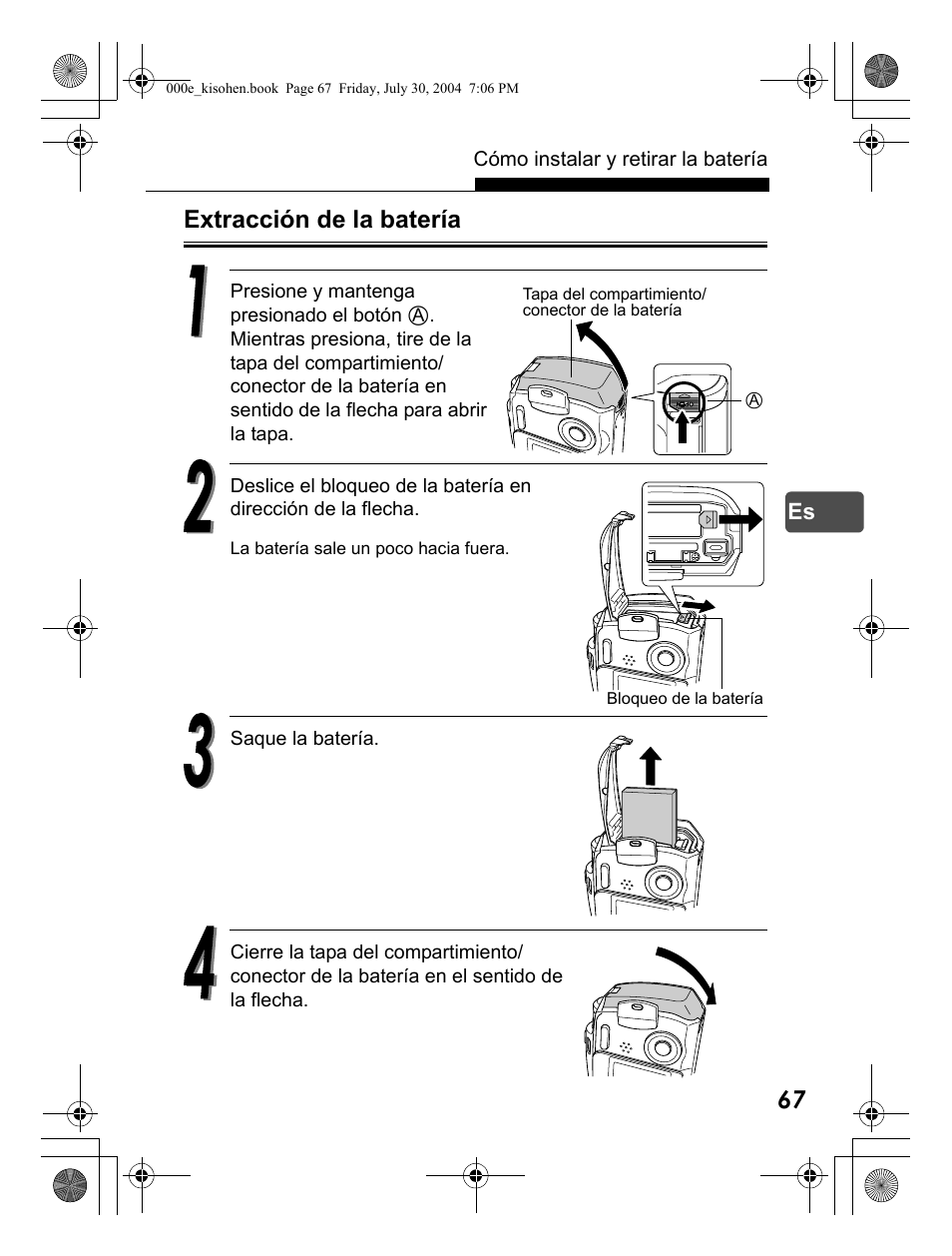 Extracción de la batería | Olympus Stylus Verve User Manual | Page 67 / 163