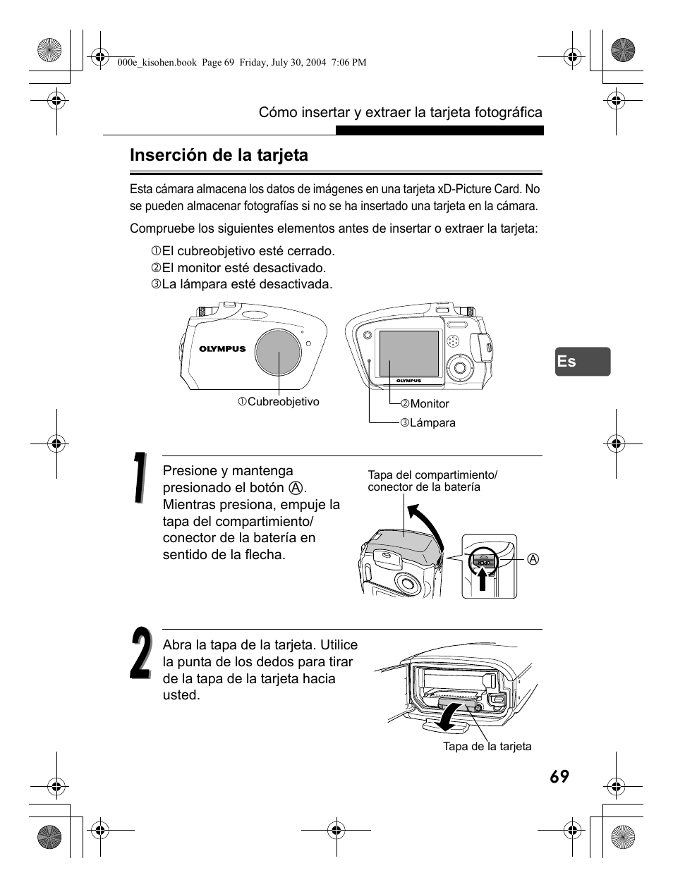 Inserción de la tarjeta | Olympus Stylus Verve User Manual | Page 69 / 163