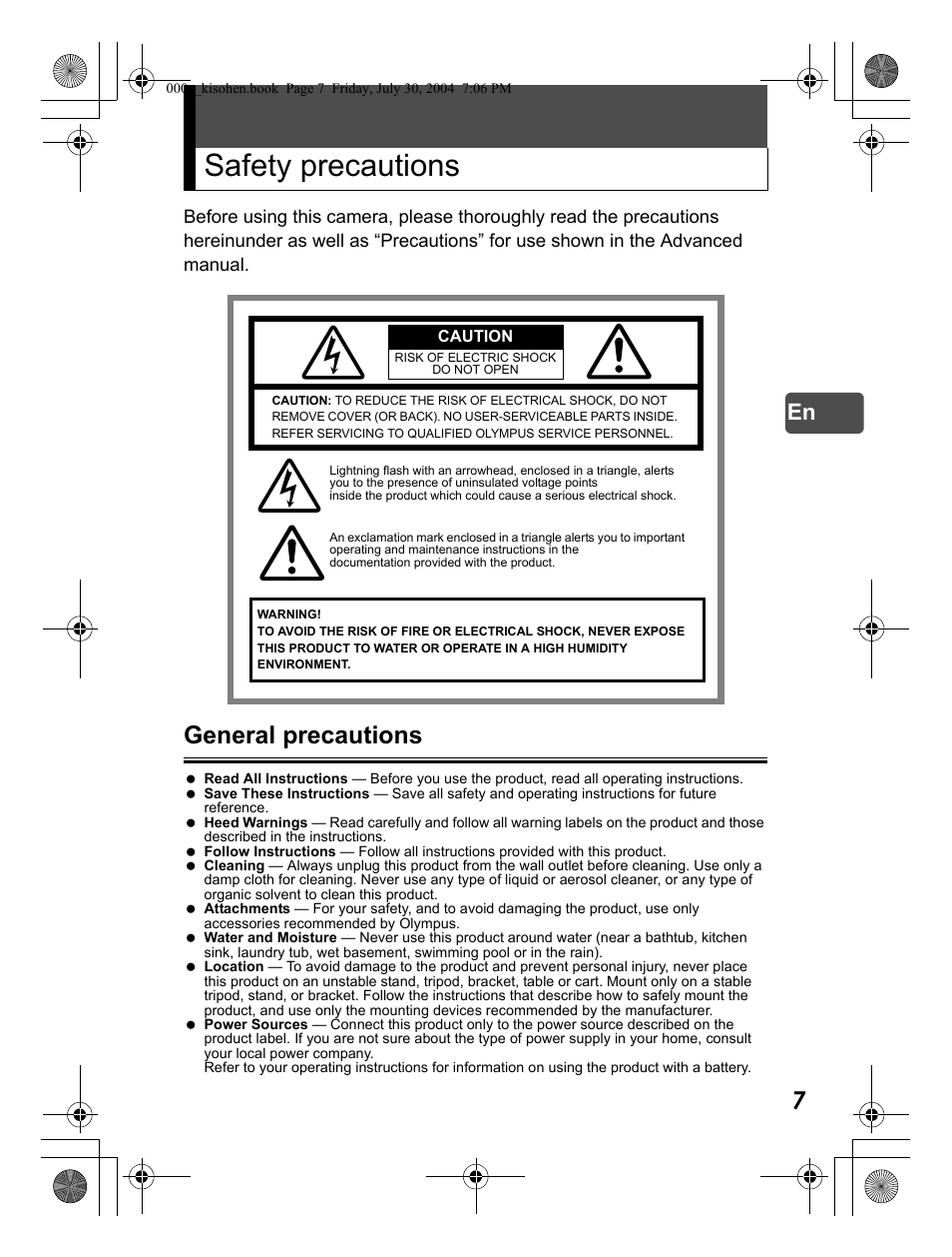 Safety precautions, General precautions | Olympus Stylus Verve User Manual | Page 7 / 163