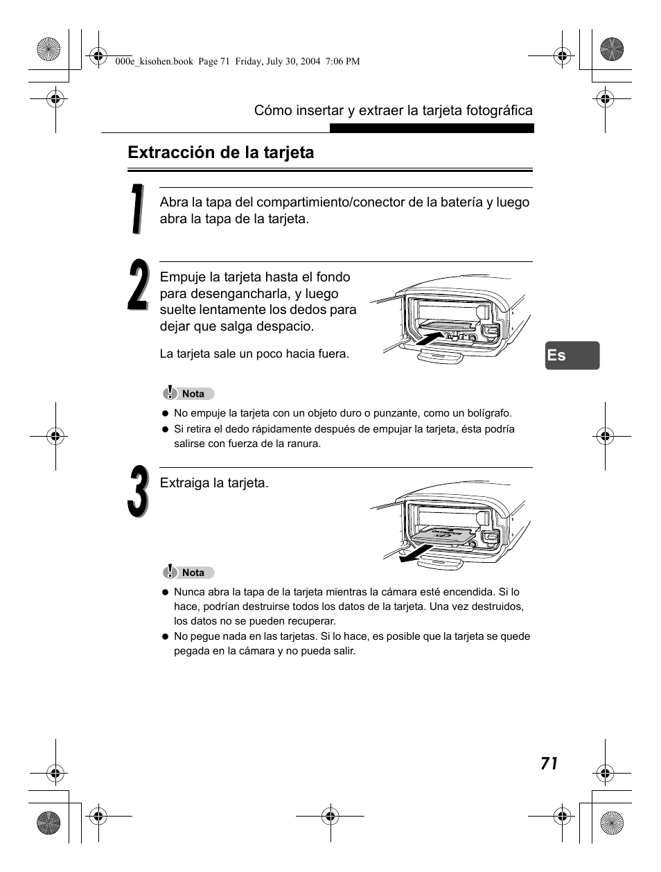 Extracción de la tarjeta | Olympus Stylus Verve User Manual | Page 71 / 163