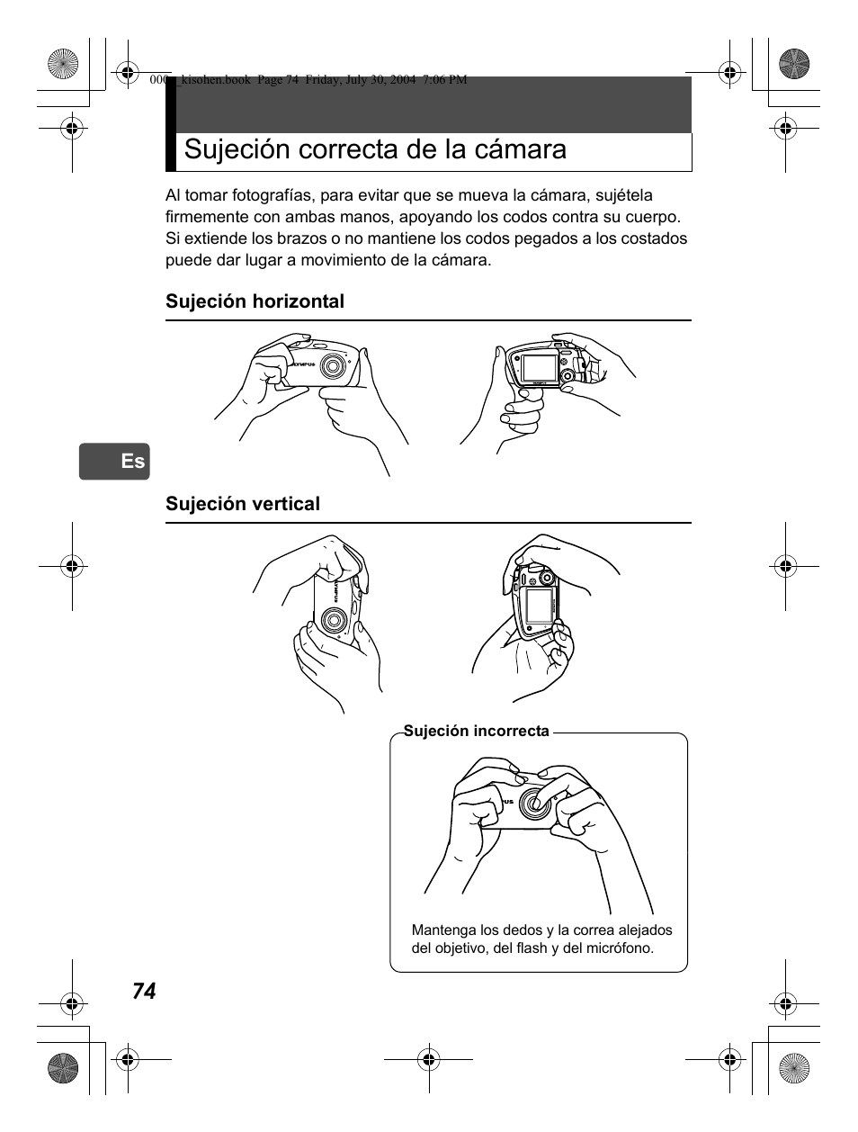 Sujeción correcta de la cámara | Olympus Stylus Verve User Manual | Page 74 / 163