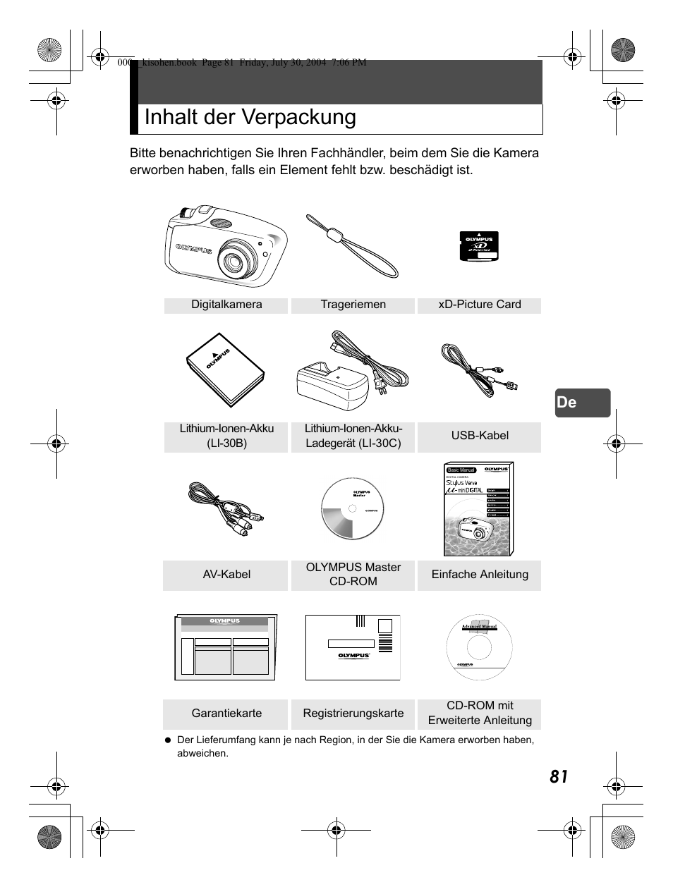 Inhalt der verpackung | Olympus Stylus Verve User Manual | Page 81 / 163