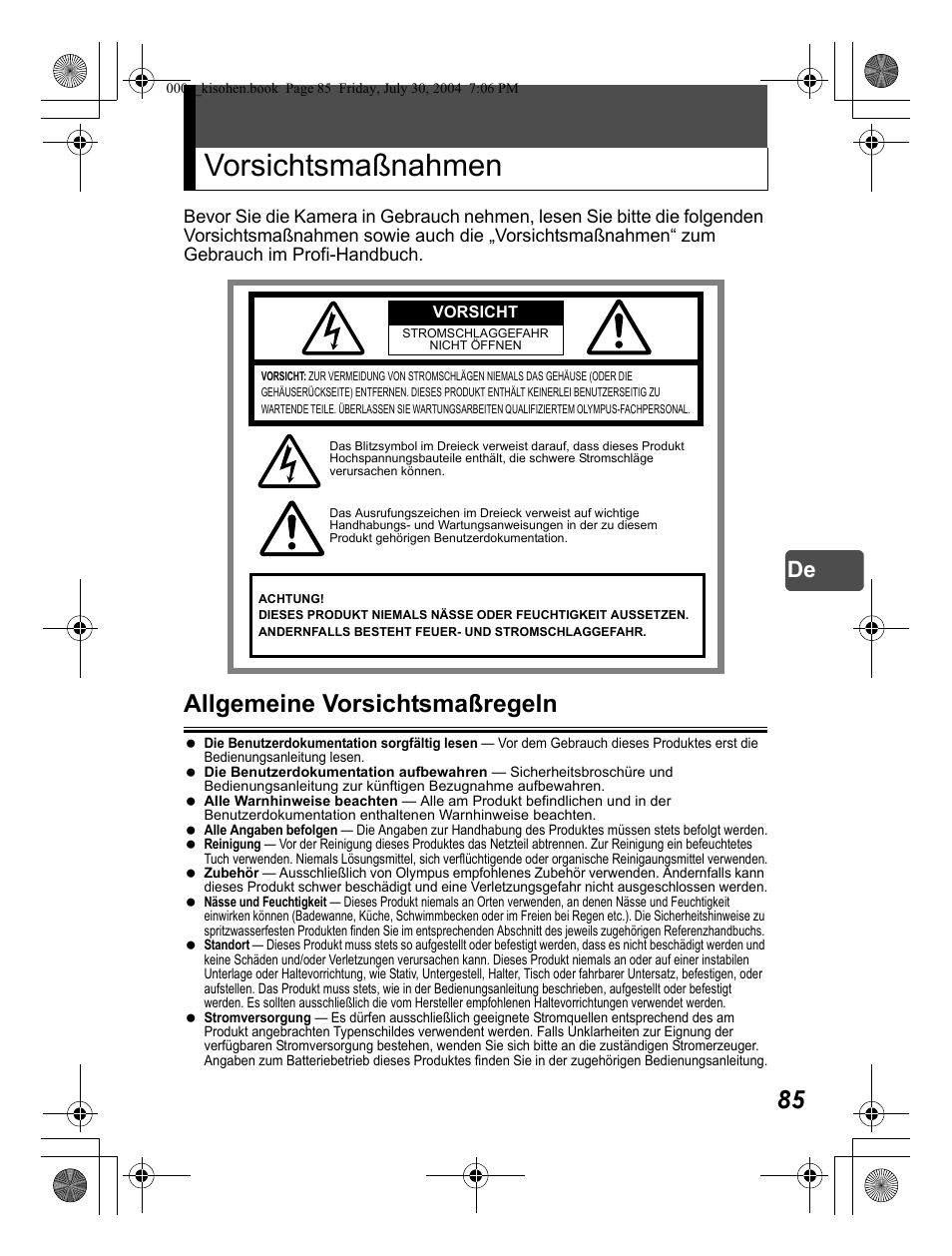 Vorsichtsmaßnahmen, Allgemeine vorsichtsmaßregeln | Olympus Stylus Verve User Manual | Page 85 / 163