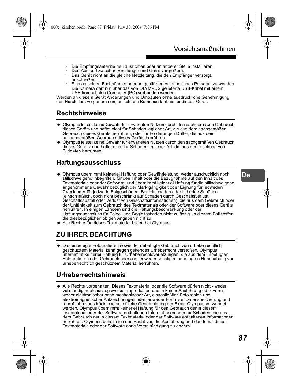 Rechtshinweise, Haftungsausschluss, Zu ihrer beachtung | Urheberrechtshinweis, Vorsichtsmaßnahmen | Olympus Stylus Verve User Manual | Page 87 / 163