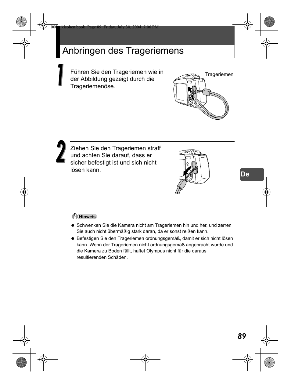 Anbringen des trageriemens | Olympus Stylus Verve User Manual | Page 89 / 163