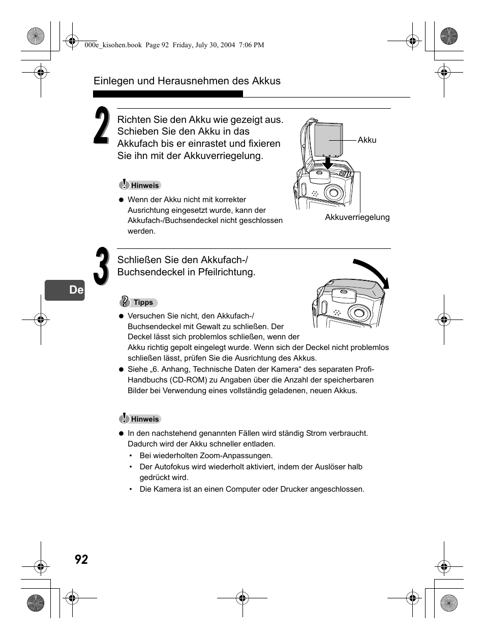 Einlegen und herausnehmen des akkus | Olympus Stylus Verve User Manual | Page 92 / 163