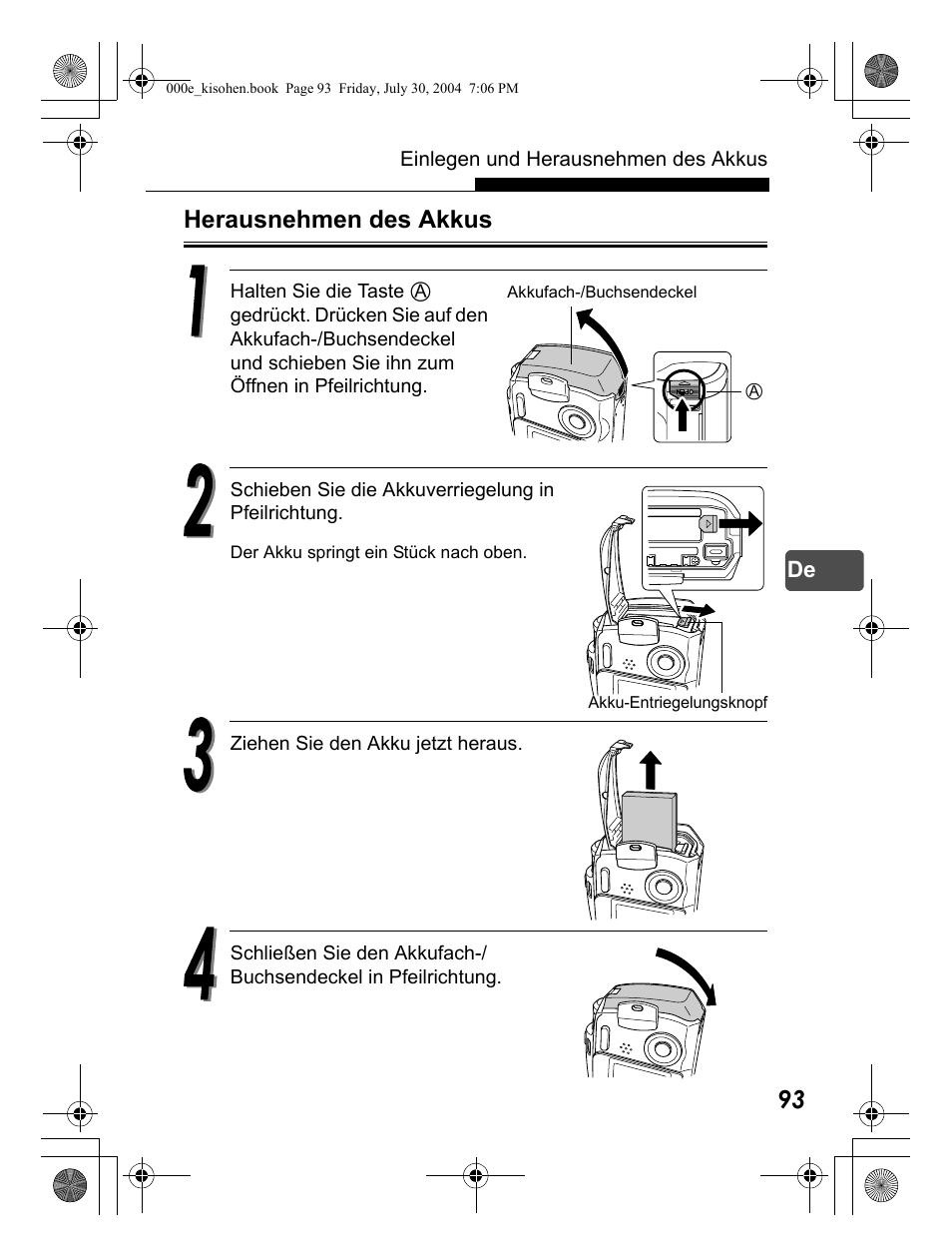 Herausnehmen des akkus | Olympus Stylus Verve User Manual | Page 93 / 163