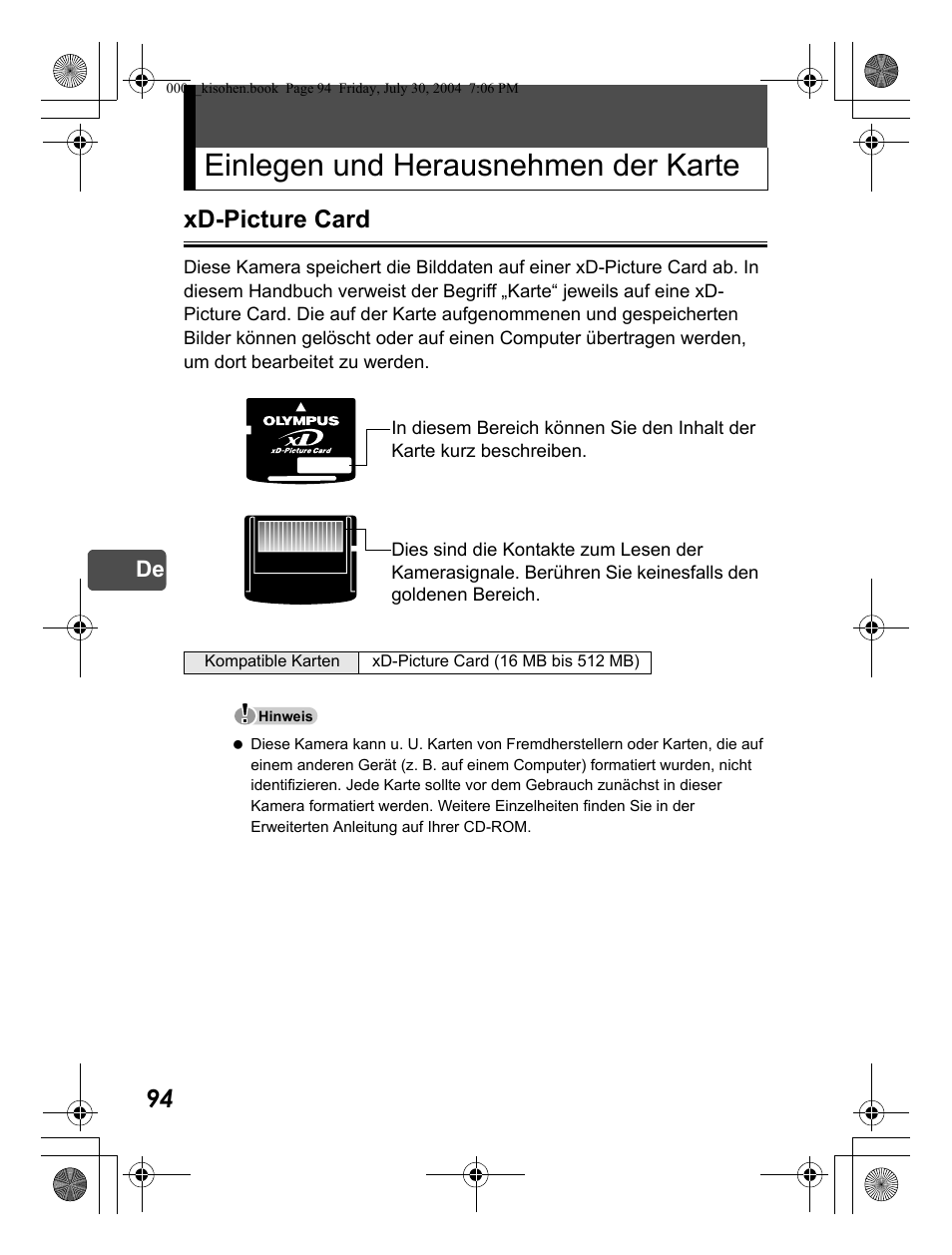 Einlegen und herausnehmen der karte, Xd-picture card | Olympus Stylus Verve User Manual | Page 94 / 163