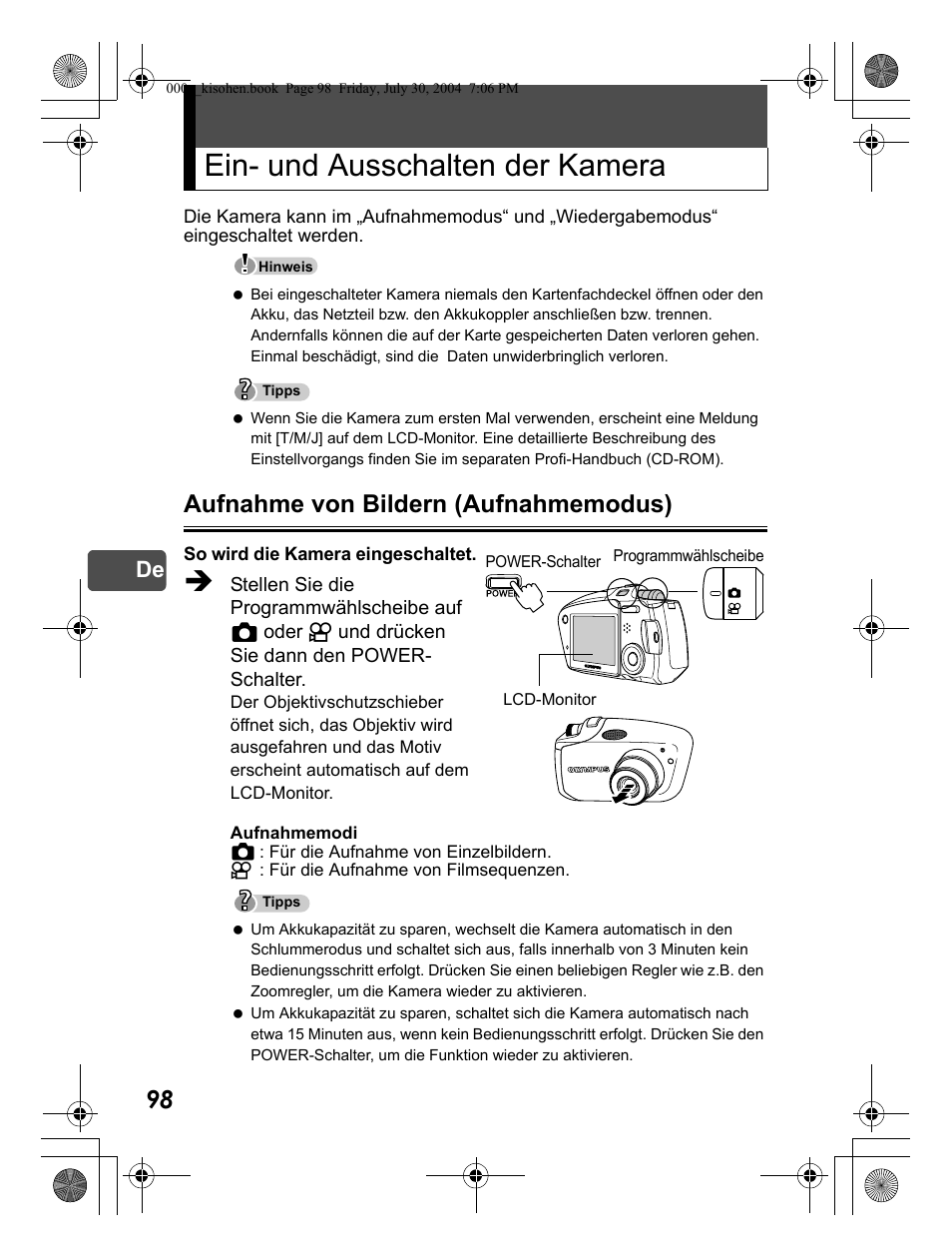 Ein- und ausschalten der kamera | Olympus Stylus Verve User Manual | Page 98 / 163