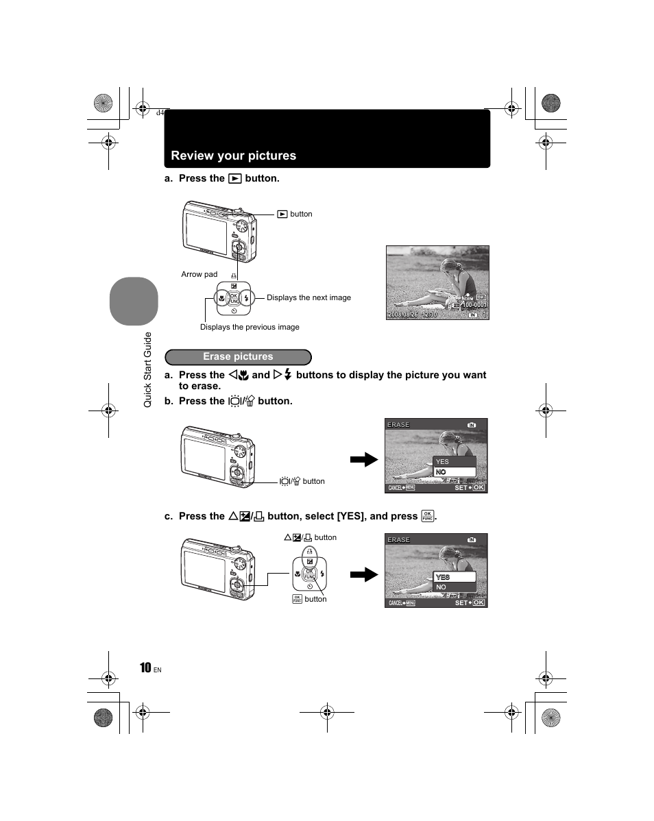 Review your pictures, Quick start guide, Erase pictures | Olympus FE-340 User Manual | Page 10 / 68