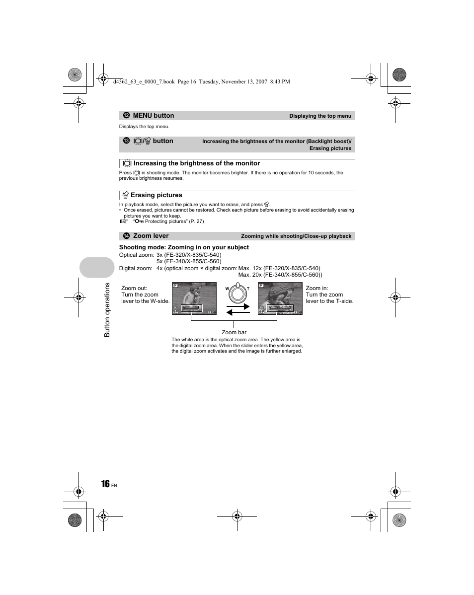 Bu tt on ope ra tions, M button, S button | Bc d | Olympus FE-340 User Manual | Page 16 / 68