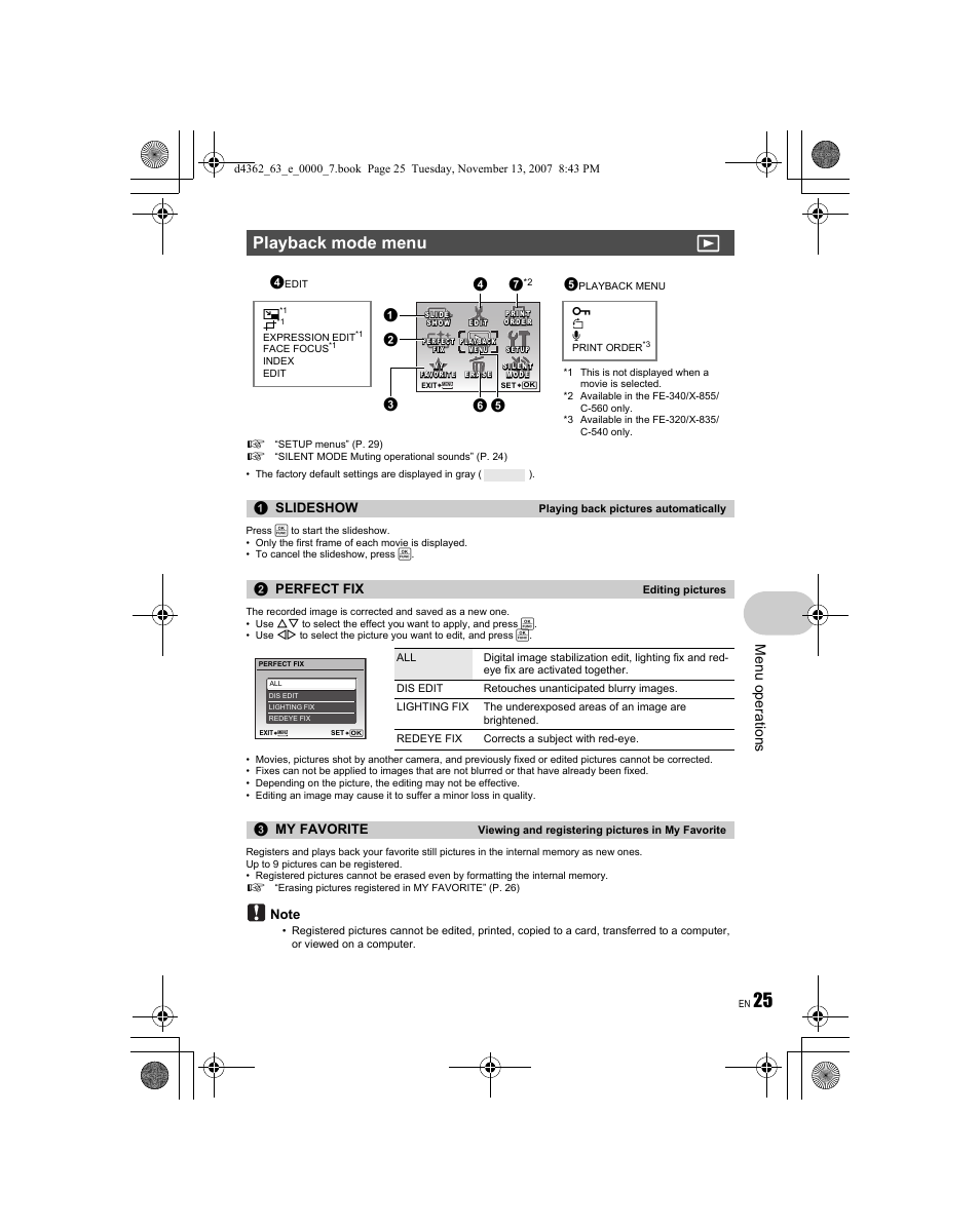 Playback mode menu q, Menu o perat ion s, Slideshow | Perfect fix, My favorite | Olympus FE-340 User Manual | Page 25 / 68