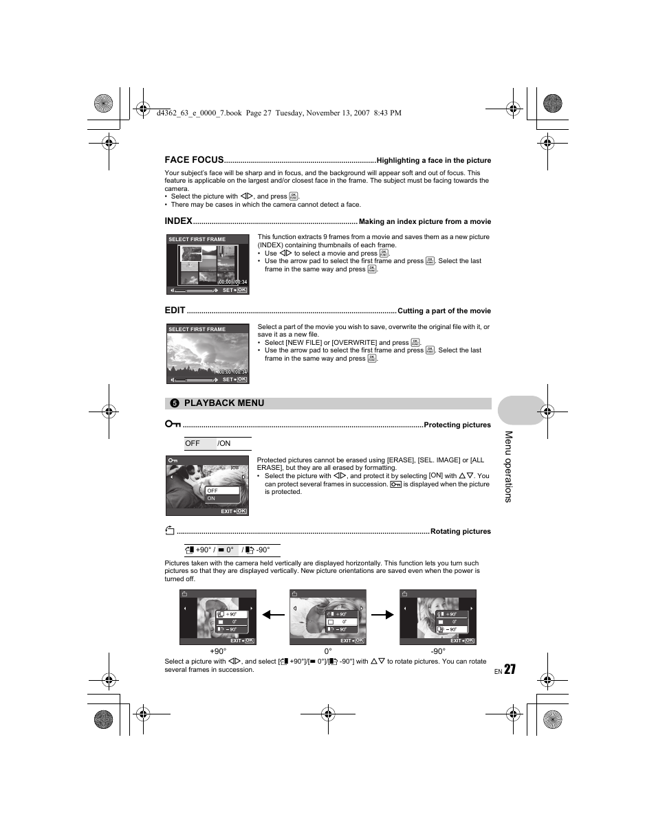 Menu o perat ion s, Face focus, Index | Edit, Playback menu 0 | Olympus FE-340 User Manual | Page 27 / 68