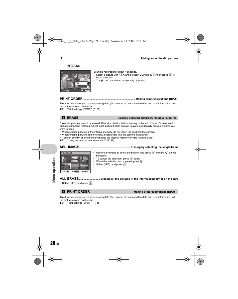 Men u o perat io ns, Print order, Erase | Sel. image, All erase | Olympus FE-340 User Manual | Page 28 / 68