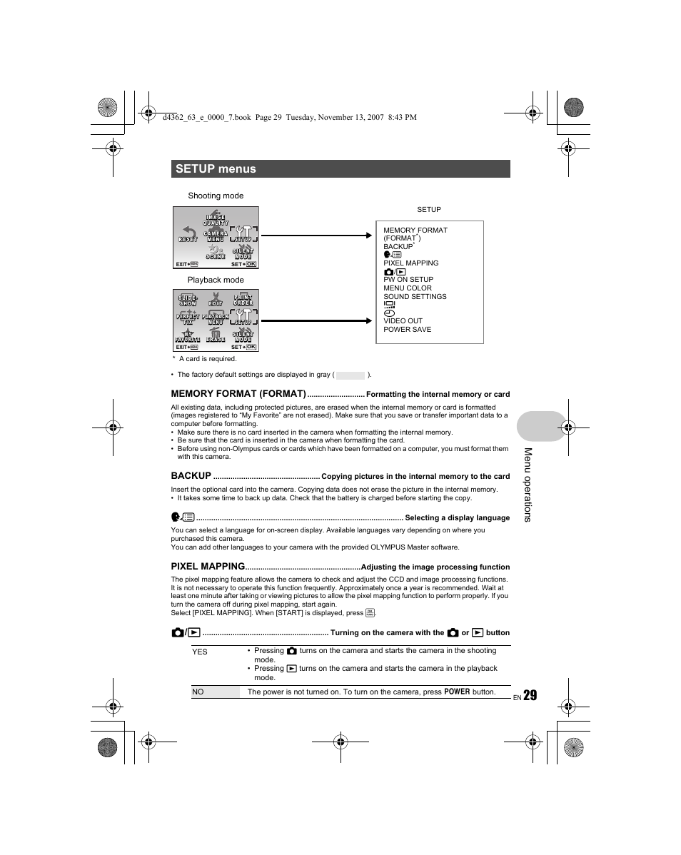 Setup menus, Menu o perat ion s, Backup | Pixel mapping, K / q | Olympus FE-340 User Manual | Page 29 / 68