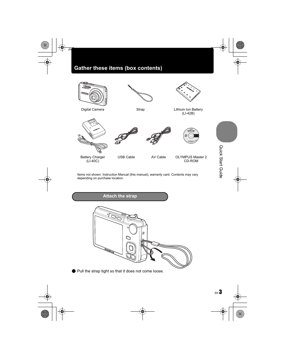 Gather these items (box contents) | Olympus FE-340 User Manual | Page 3 / 68
