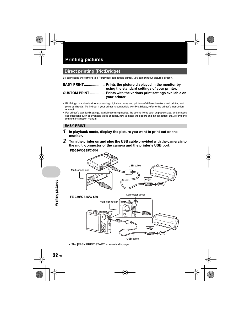 Printing pictures, Direct printing (pictbridge) | Olympus FE-340 User Manual | Page 32 / 68