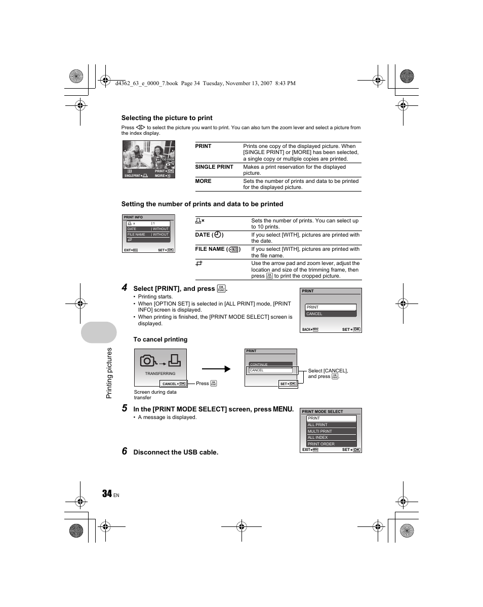 Print in g pic tures, Select [print], and press | Olympus FE-340 User Manual | Page 34 / 68