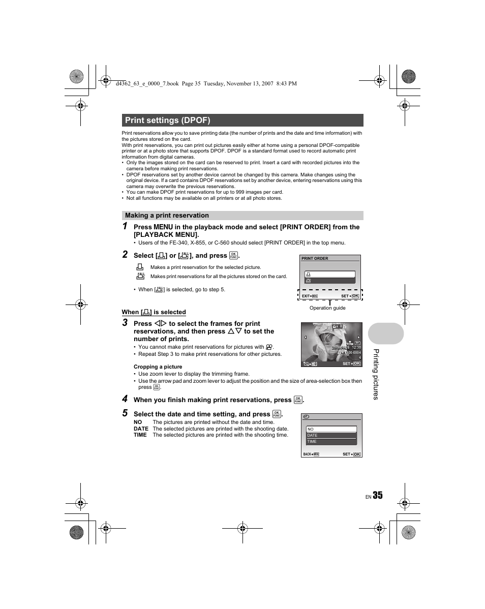 Print settings (dpof), Print ing pi ctu re s | Olympus FE-340 User Manual | Page 35 / 68