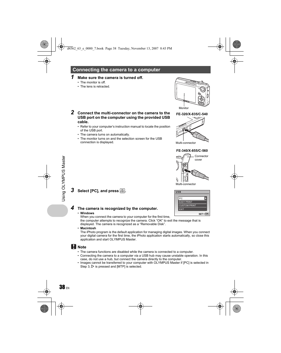 Connecting the camera to a computer | Olympus FE-340 User Manual | Page 38 / 68