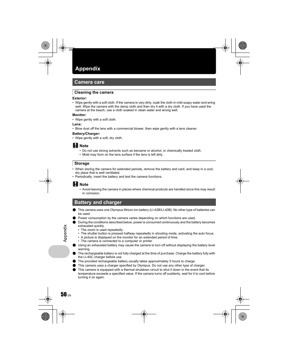 Appendix, Camera care, Battery and charger | Olympus FE-340 User Manual | Page 50 / 68