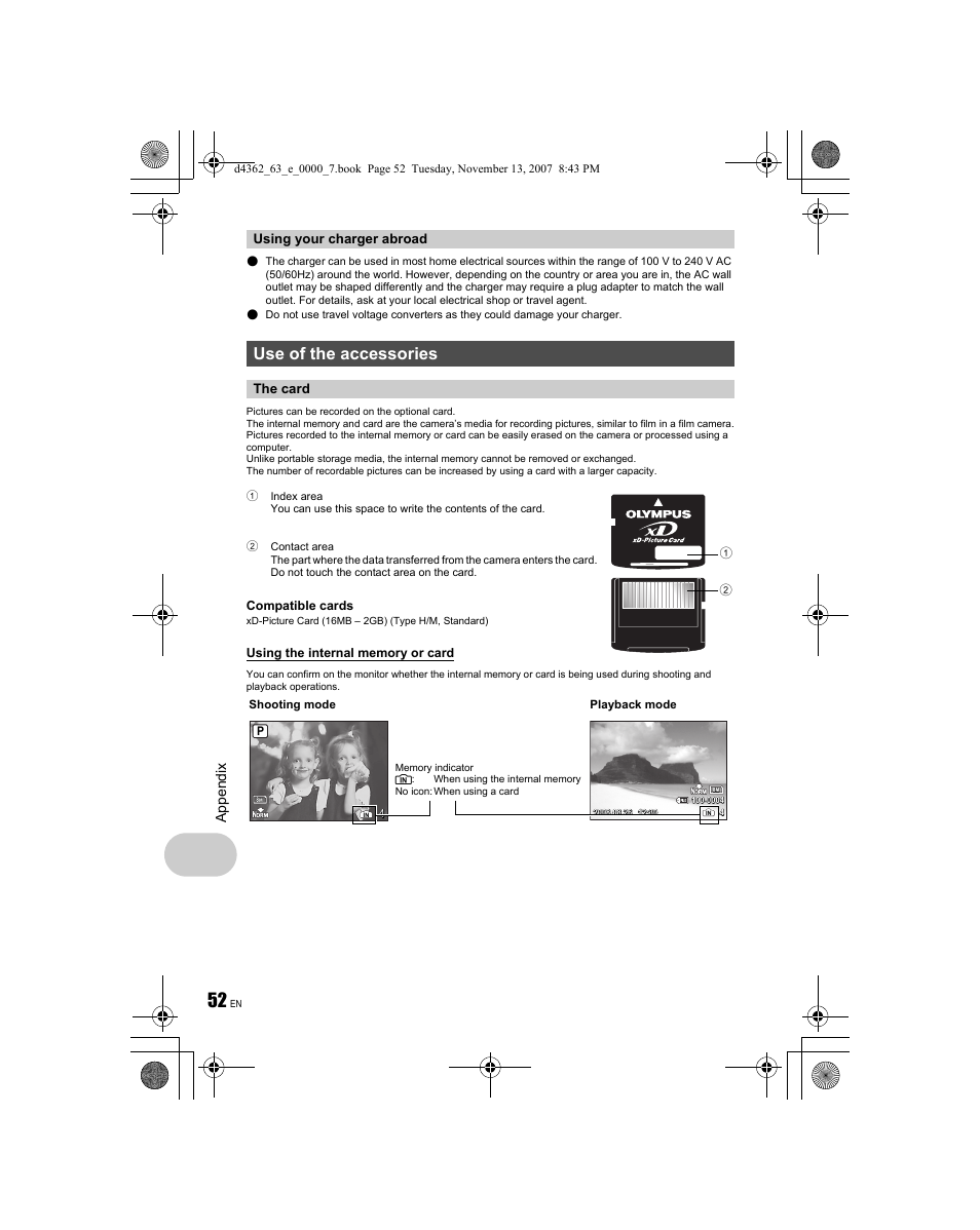 Use of the accessories, Appen dix, Using your charger abroad | The card | Olympus FE-340 User Manual | Page 52 / 68