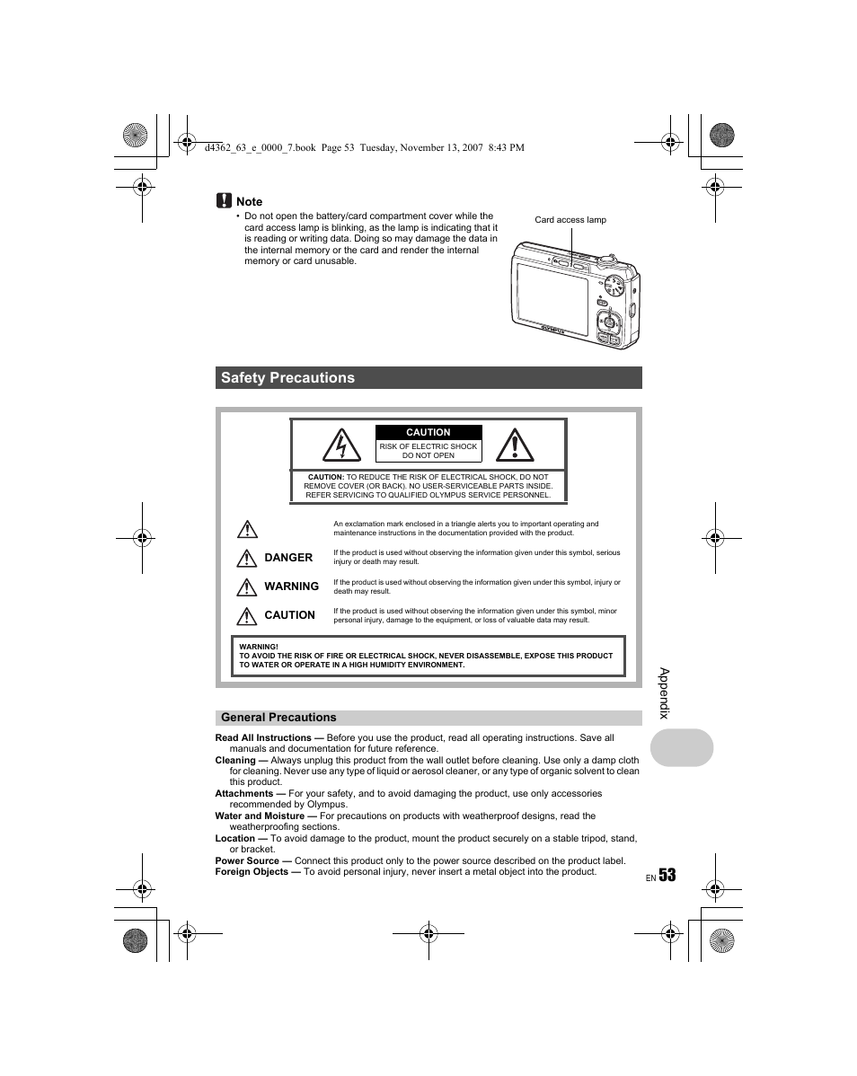 Safety precautions, Appe ndi x | Olympus FE-340 User Manual | Page 53 / 68