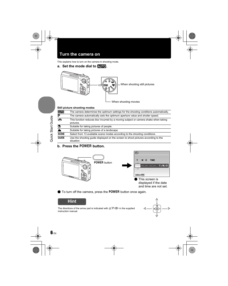 Turn the camera on, Hint | Olympus FE-340 User Manual | Page 6 / 68