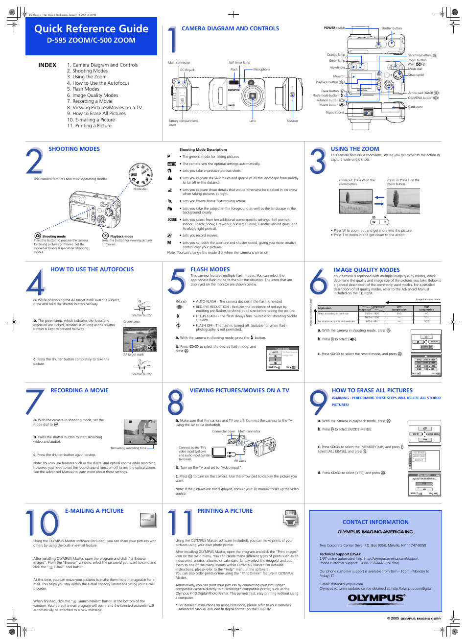 Quick reference guide, Index, Camera diagram and controls | Shooting modes, Using the zoom, How to use the autofocus, Flash modes, Image quality modes, Recording a movie, Viewing pictures/movies on a tv | Olympus D-595 Zoom User Manual | Page 2 / 2