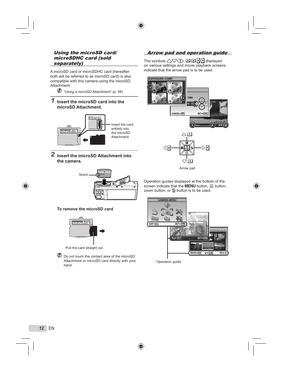 12 en arrow pad and operation guide, Insert the microsd attachment into the camera | Olympus STYLUS 7000 User Manual | Page 12 / 70