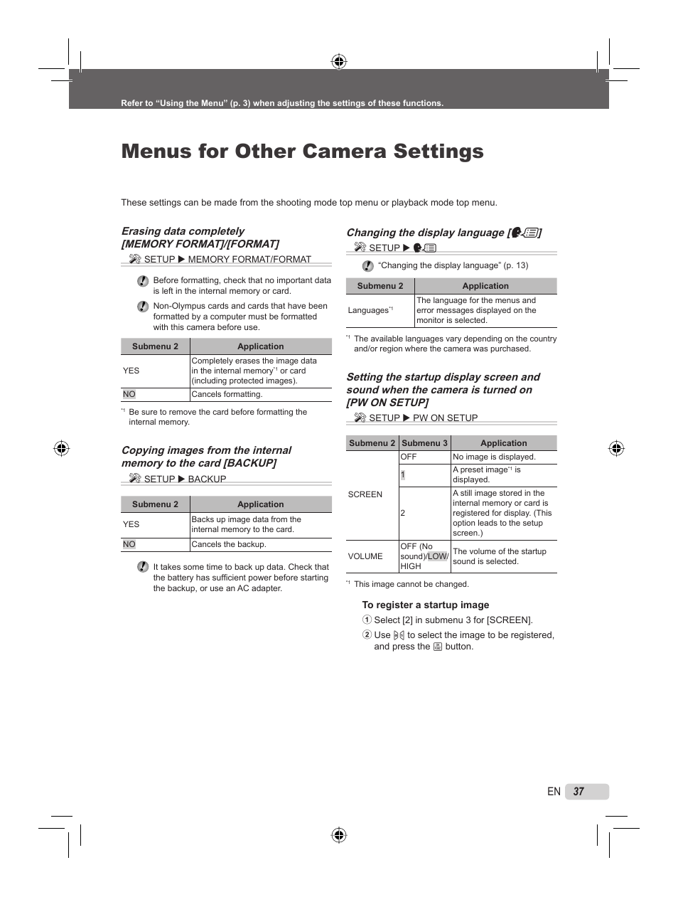 Menus for other camera settings, 37 en | Olympus STYLUS 7000 User Manual | Page 37 / 70