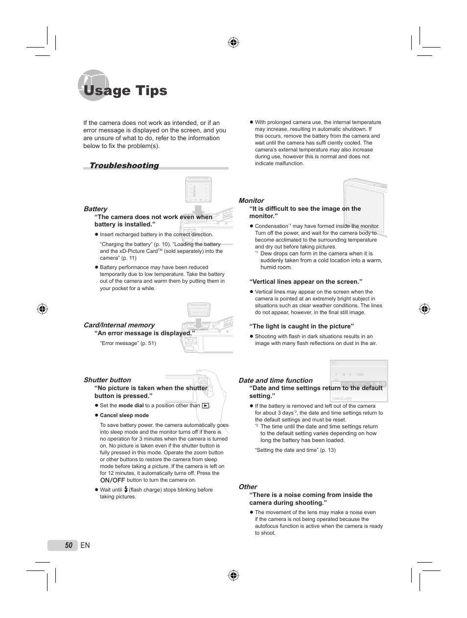 Usage tips, 50 en, Troubleshooting | Olympus STYLUS 7000 User Manual | Page 50 / 70