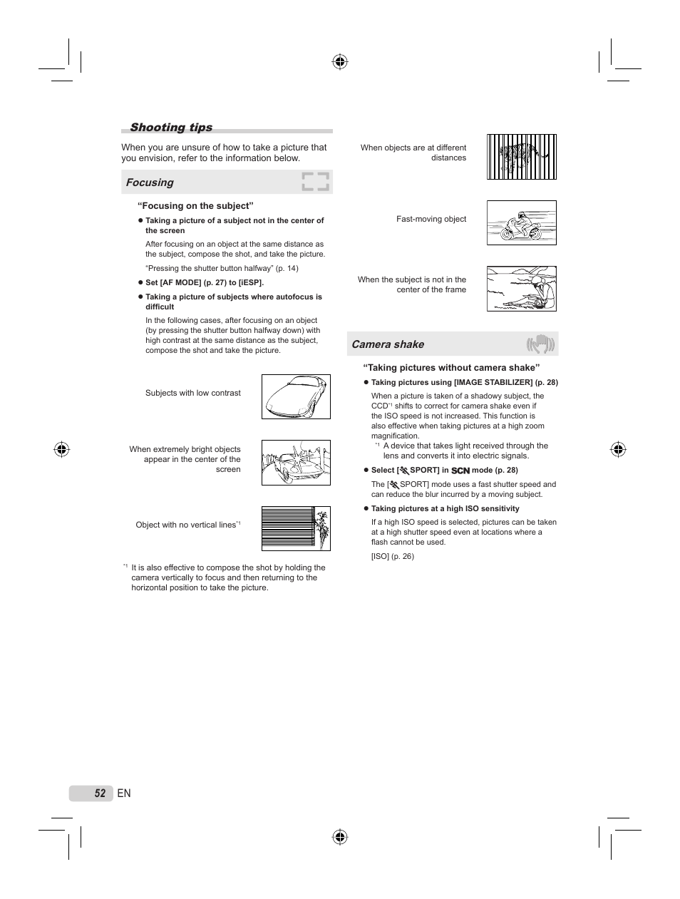 52 en shooting tips, Focusing, Camera shake | Olympus STYLUS 7000 User Manual | Page 52 / 70